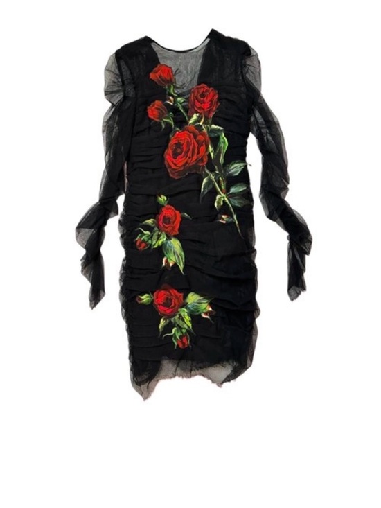 Dolce & Gabbana Dresses & Skirts - Dolce & Gabbana Black Sheer Ruched Dress with Red Rose Embroidery